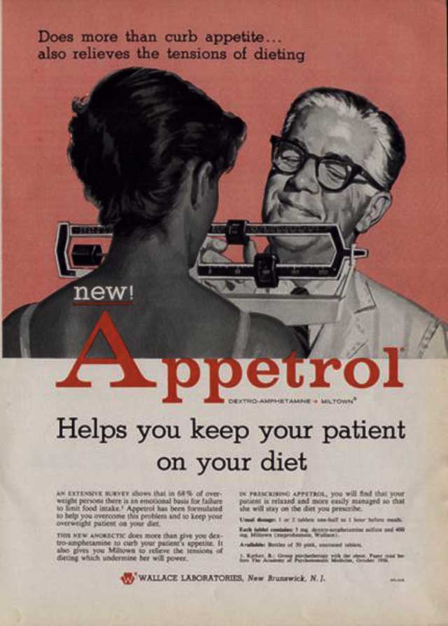 ABOVE: “Does more than curb appetite...also relieves the tensions of dieting.” (Magazine advertisement circa 1959, Wallace Laboratories.)